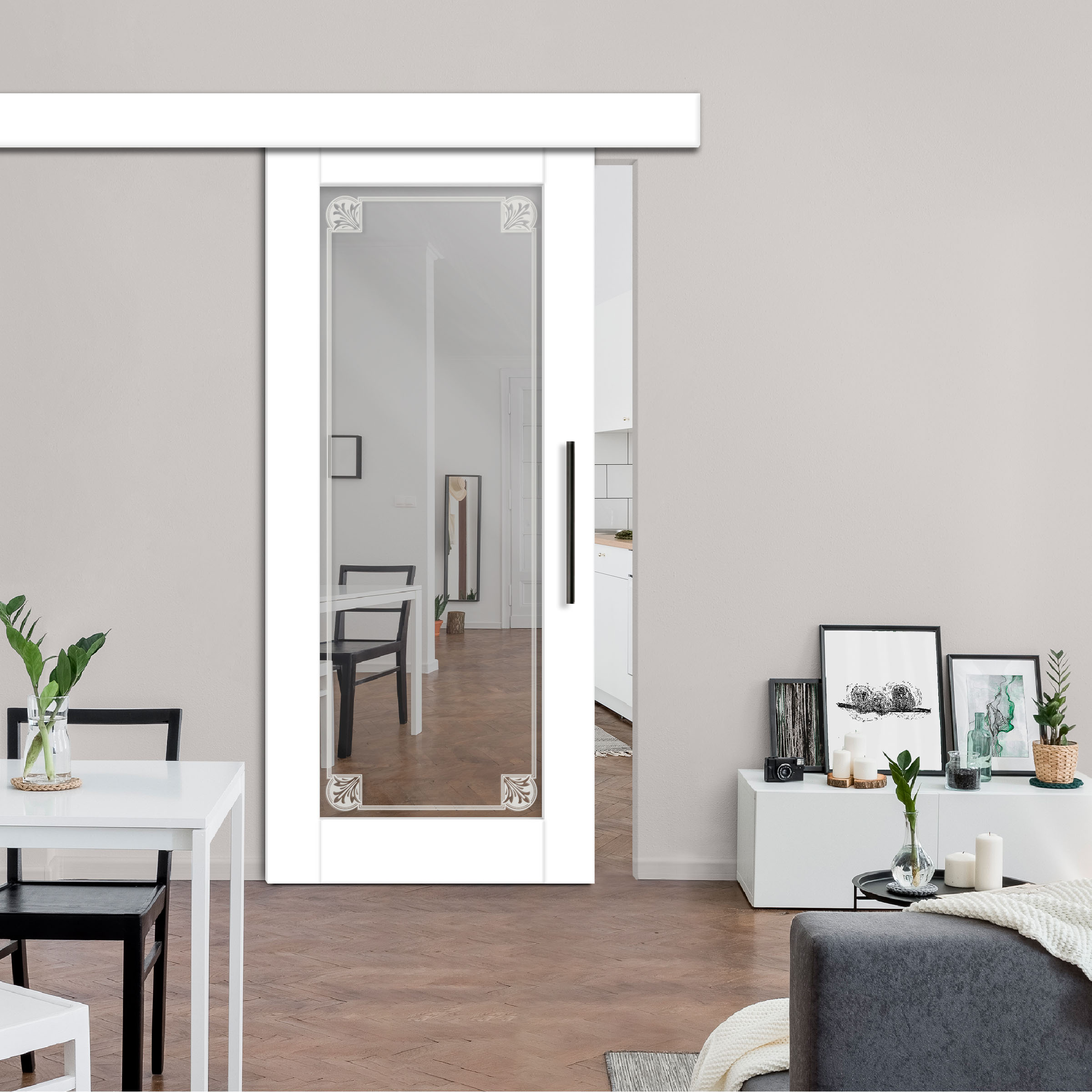 MDF-Mirror-Barn-Door With Design: 9