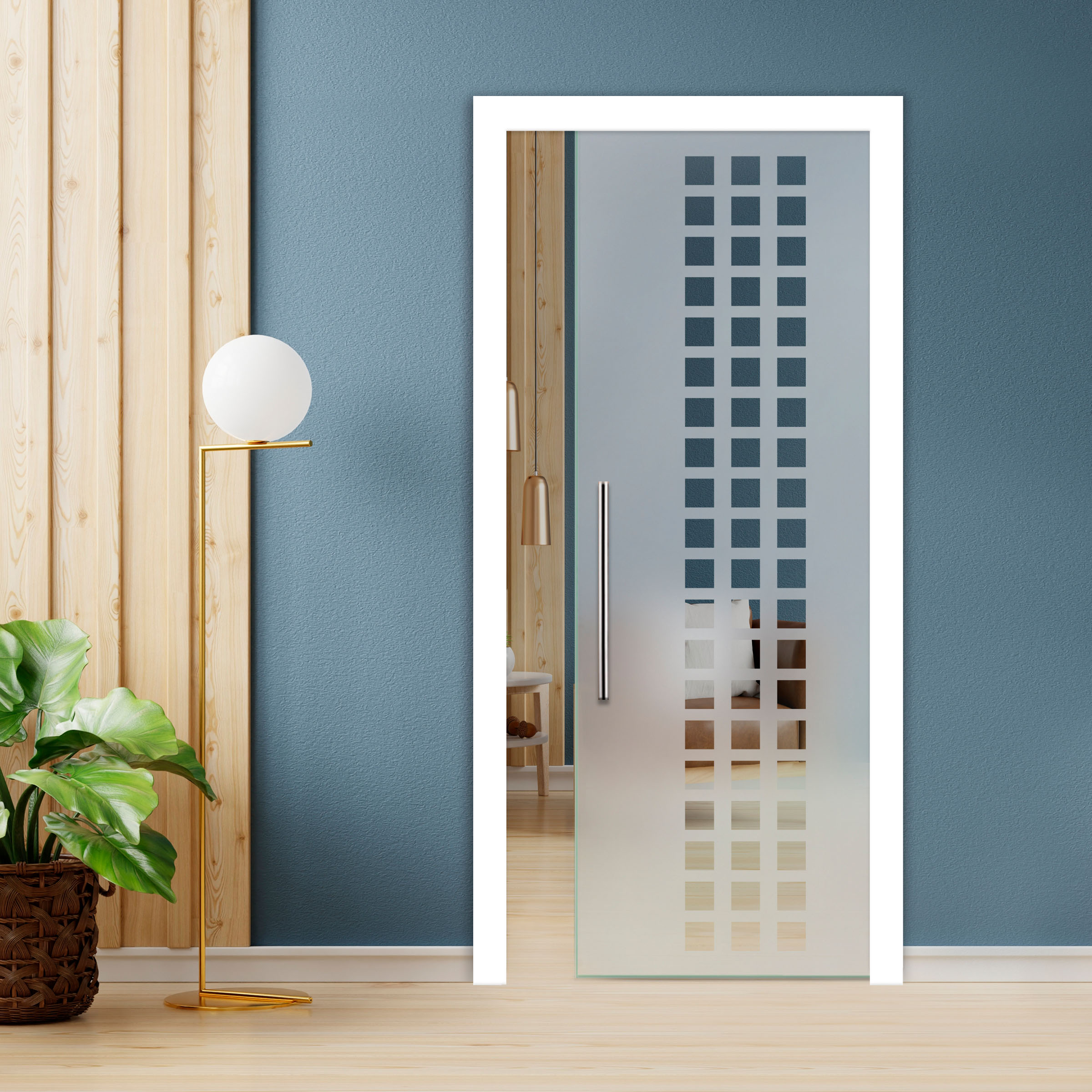 Pocket Glass Barn Door With T Handle Bar
