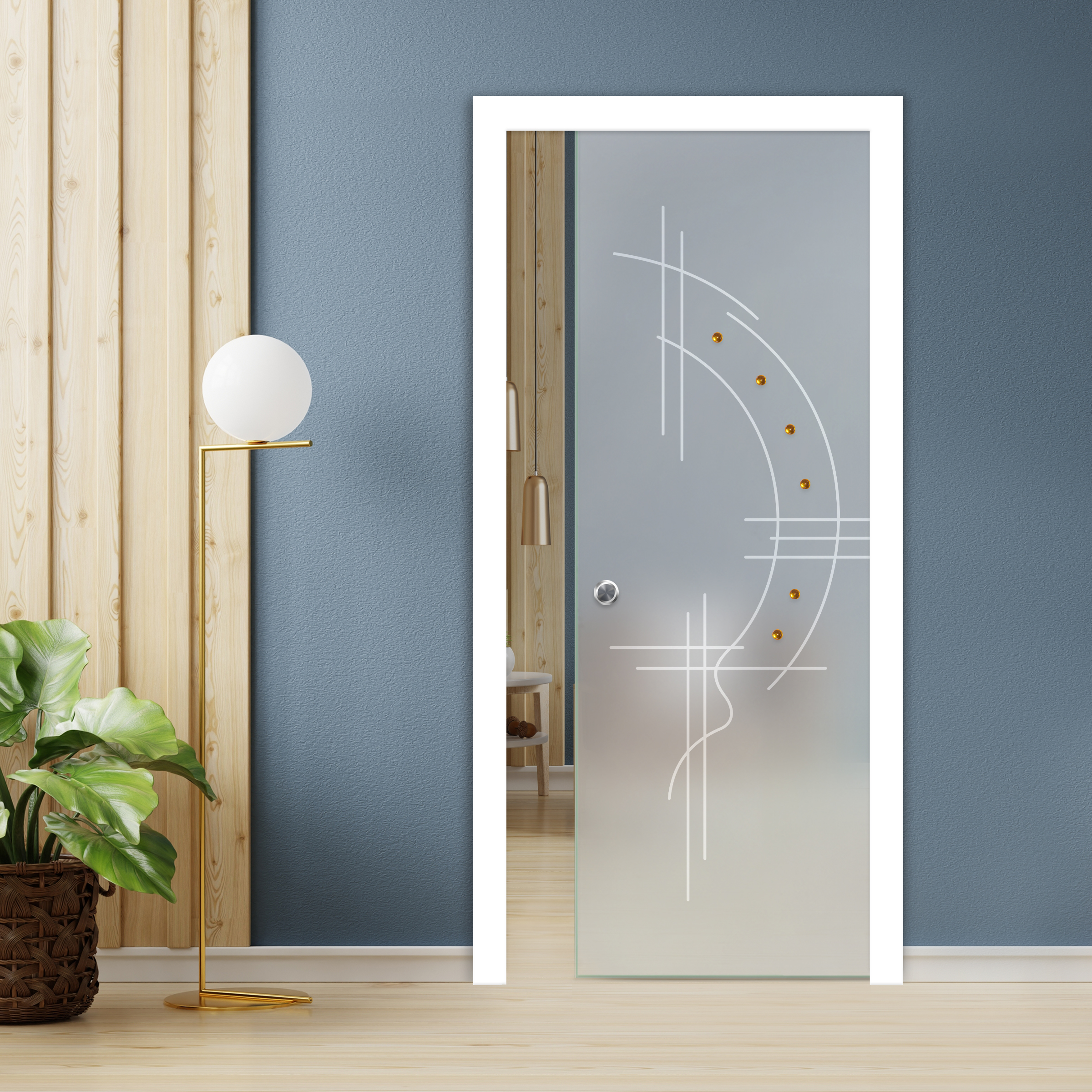 Pocket Sliding Glass Door with Frosted Design + Gemstones & Recessed Grip