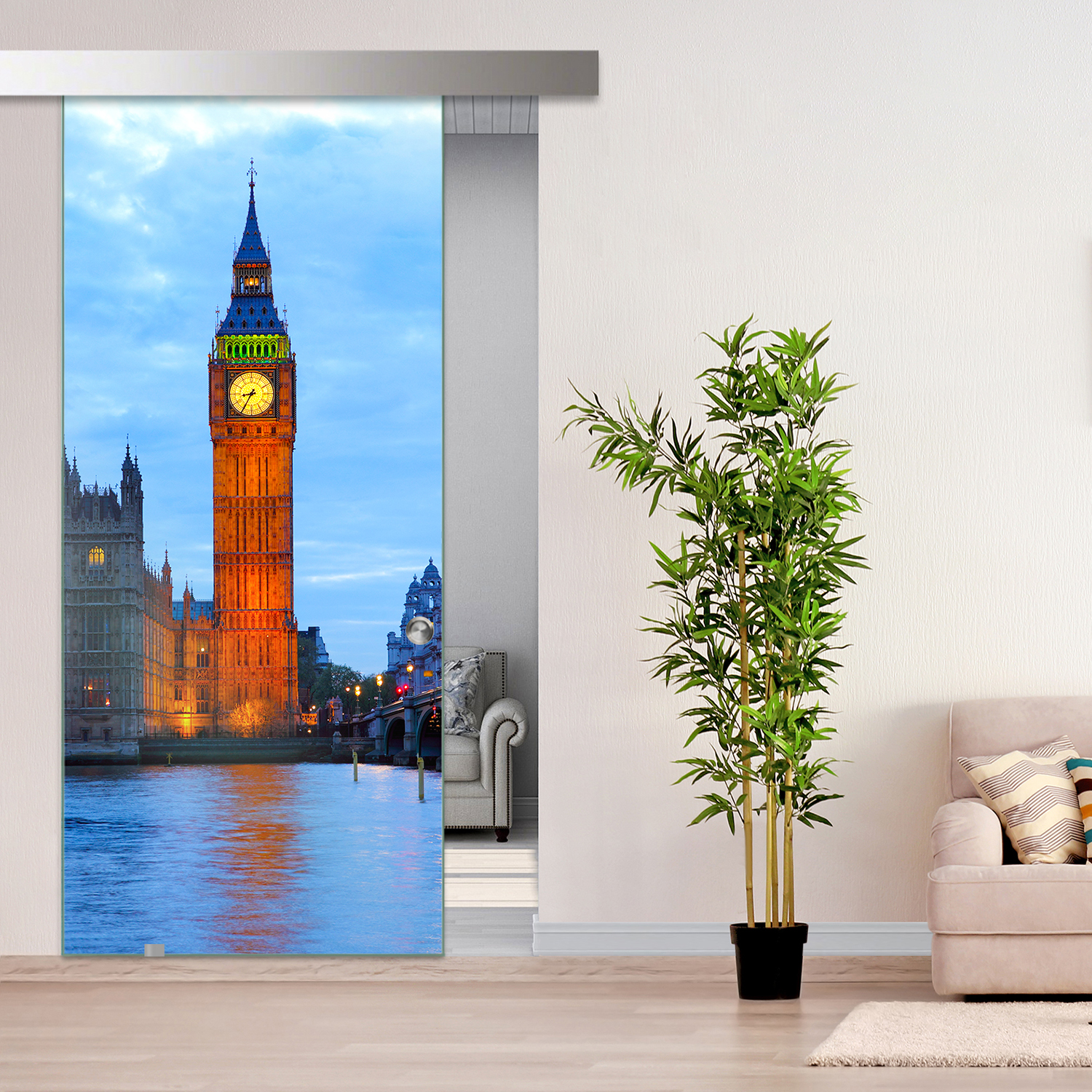 Frameless Sliding Glass Barn Door  with Digital Printing + Alu Gray Hardware (Recessed Grip Handle)