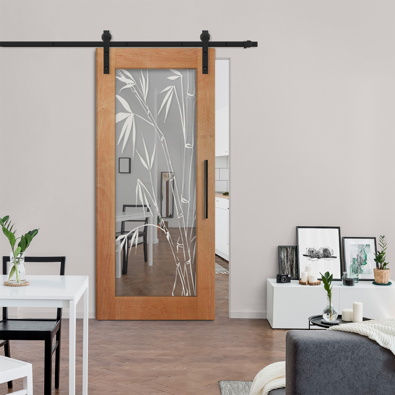 Premium Hardwood Sliding Barn Door with Mirror & Frosted Designs Soilid Wood (Carbon Steel)
