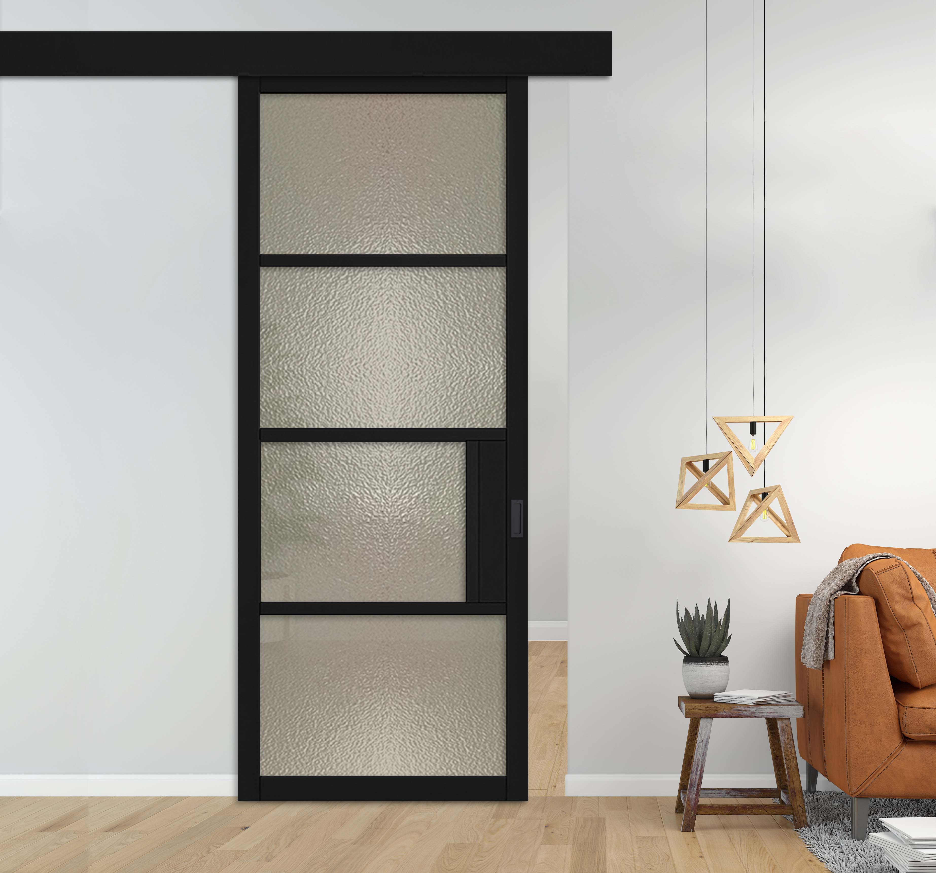 Loft Style Sliding Barn Door Black with Hammered Glass Panels (Fascia Cover)