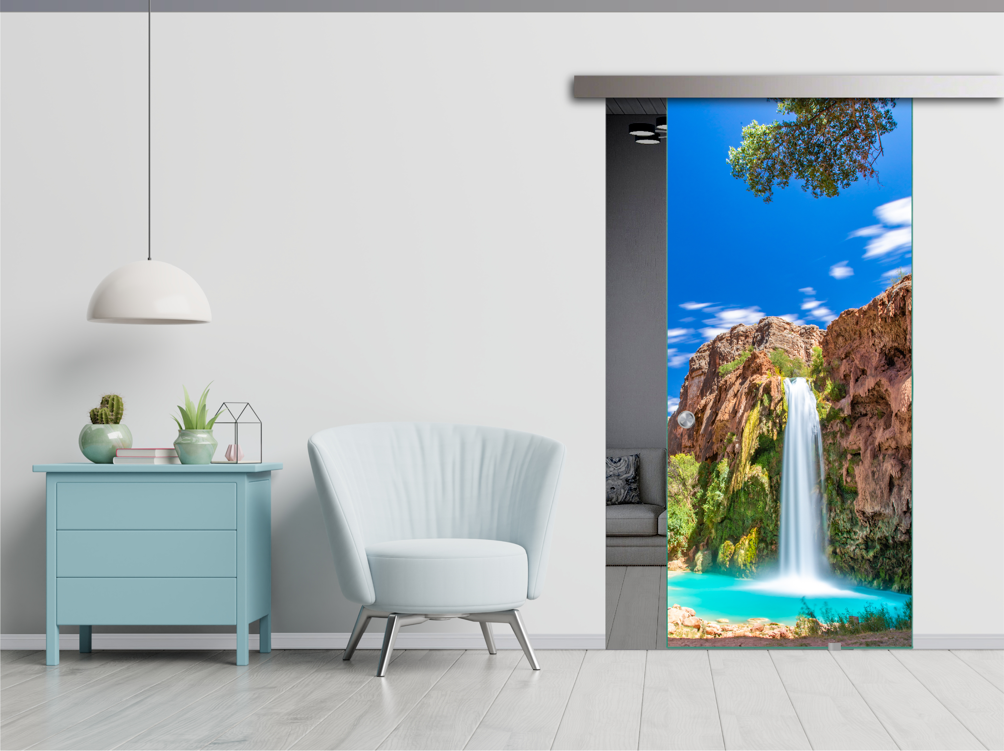 Frameless Sliding Glass Barn Door  with Digital Printing + Alu Gray Hardware (Recessed Grip Handle)