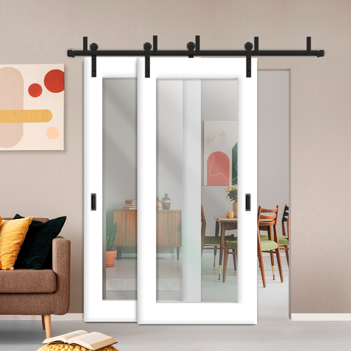 2 Leaf Sliding Barn Bypass Doors with Clear Glass