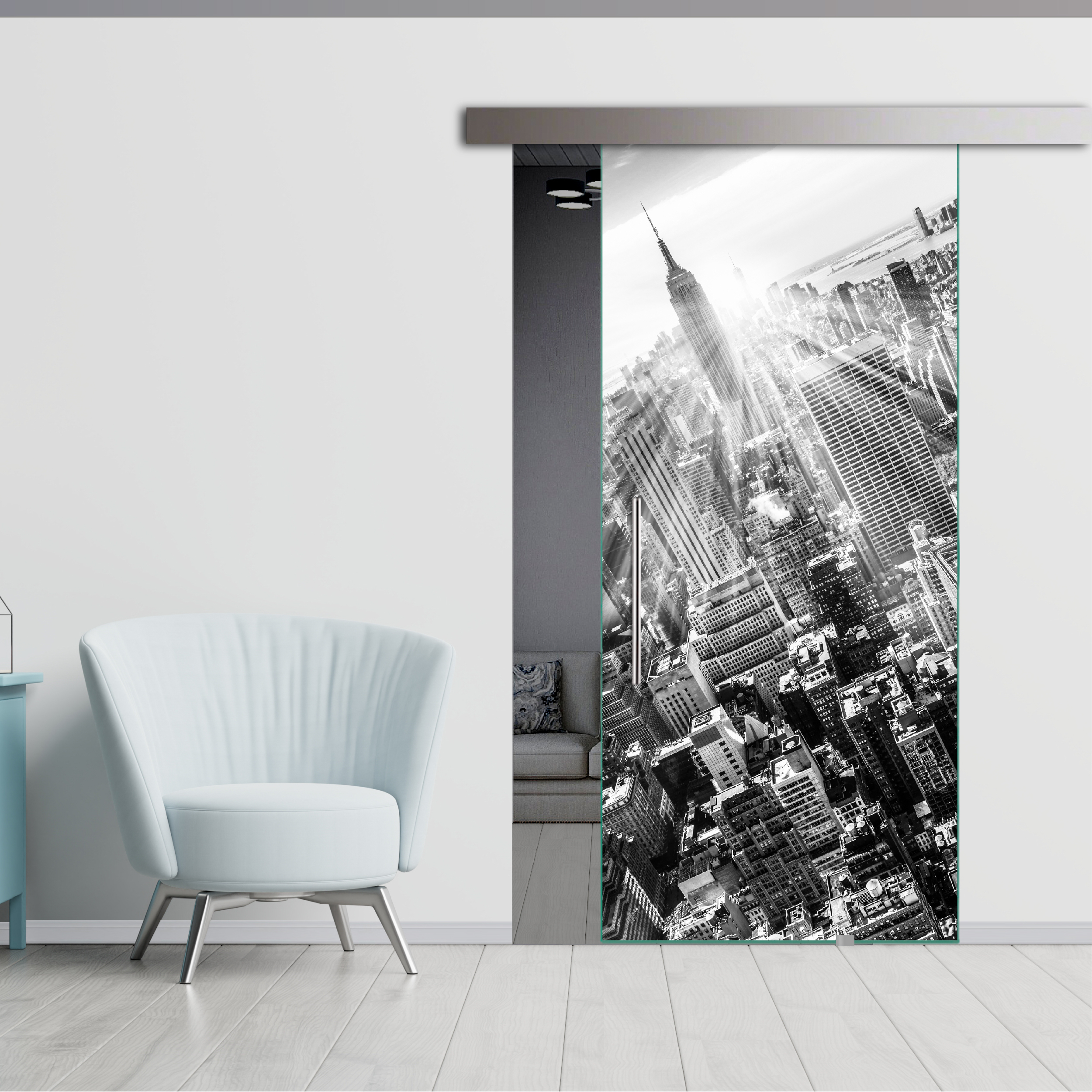 Frameless Sliding Glass Barn Door with Digital Printing + Alu Gray Hardware (T-Handle)