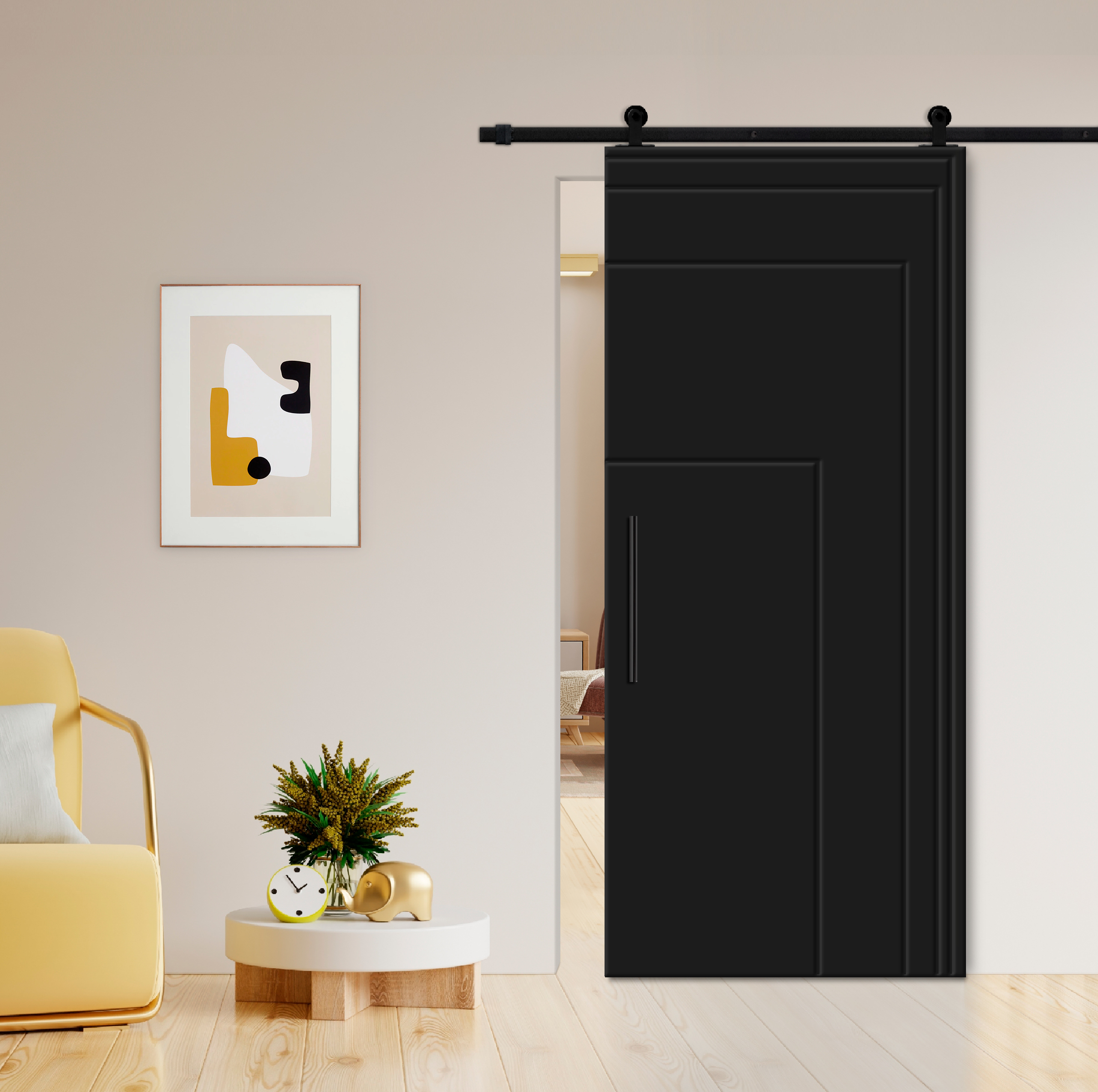 Flush Sliding Barn Door with CNC Engraving CCD-7698 Black (Carbon steel)