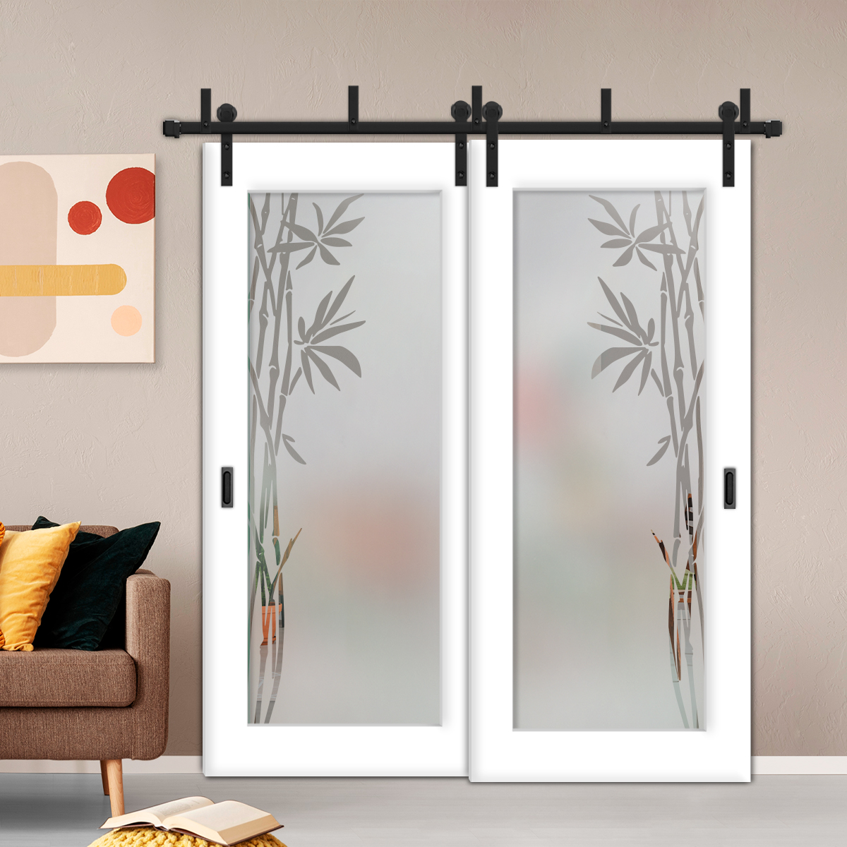 2 Leaf Sliding Barn Bypass Doors with Glass Insert BGD-4448