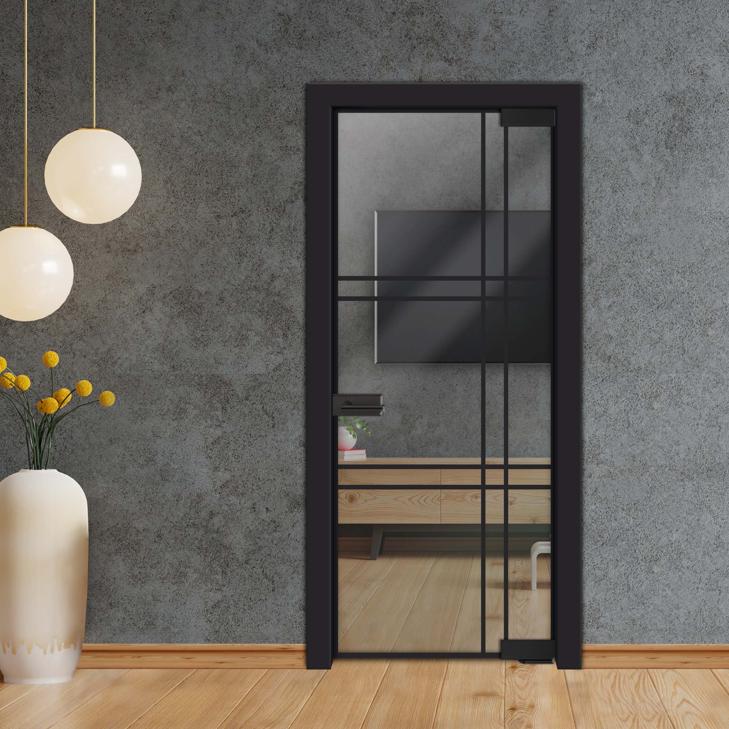 Frameless Industrial Pivot Glass Door (Black Hardware Complete Kit) PGLF-4147