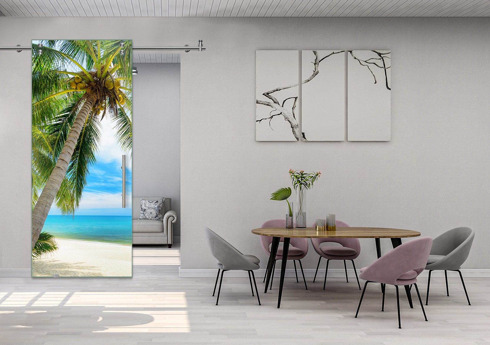 Digital Printing Sliding Barn Glass Door with Stainless Steel Hardware & T-handle (Caribbean Beach)