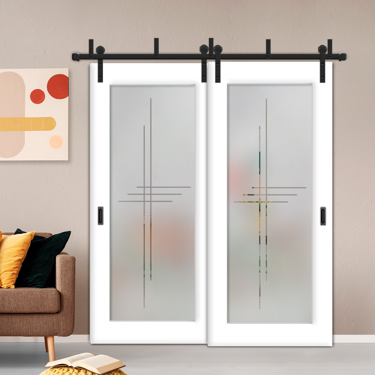 2 Leaf Sliding Barn Bypass Door with Glass Insert BGD- 4433