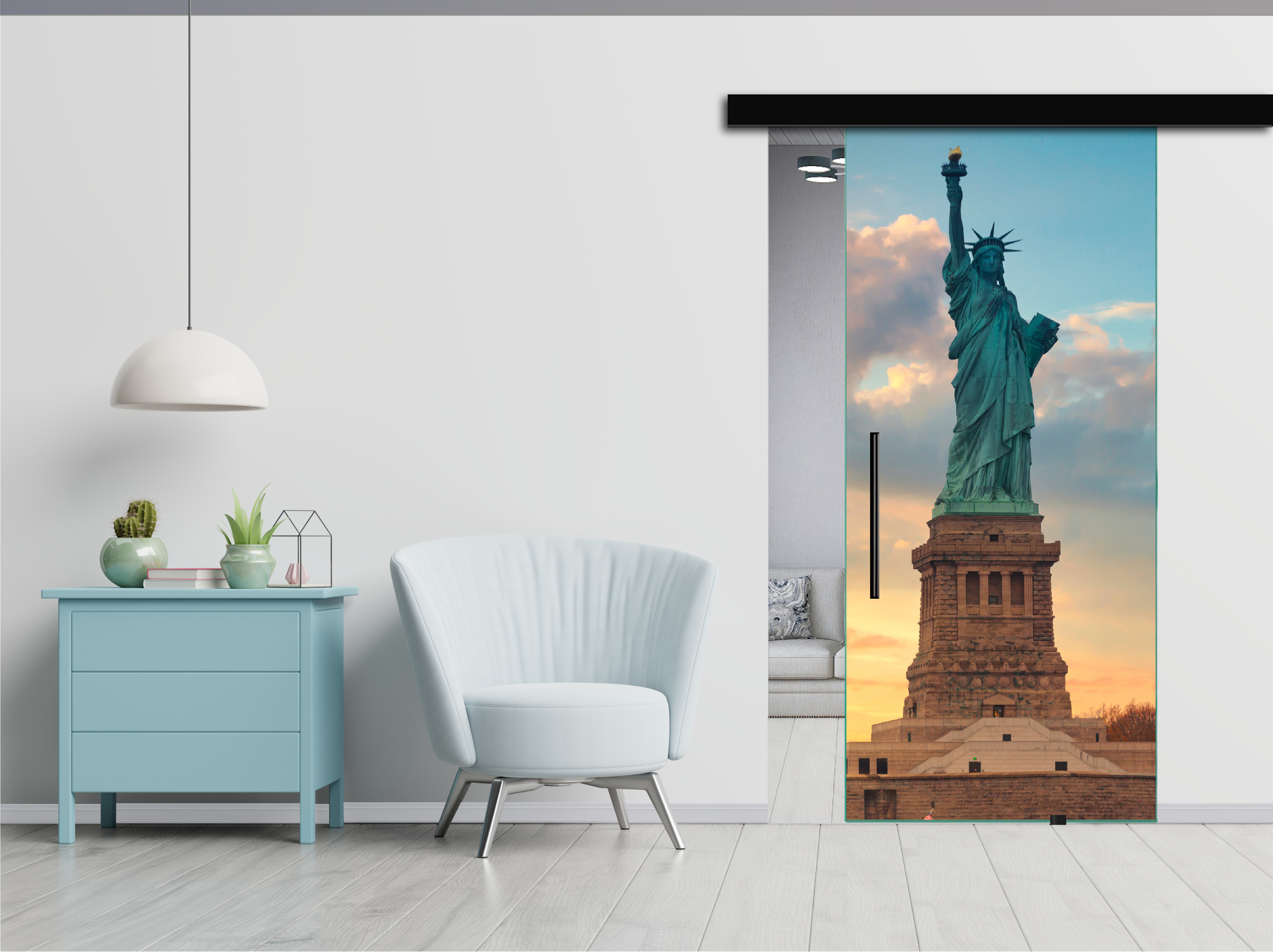 Frameless Sliding Glass Barn Door with Digital Printing + Black Hardware (T-Handle)