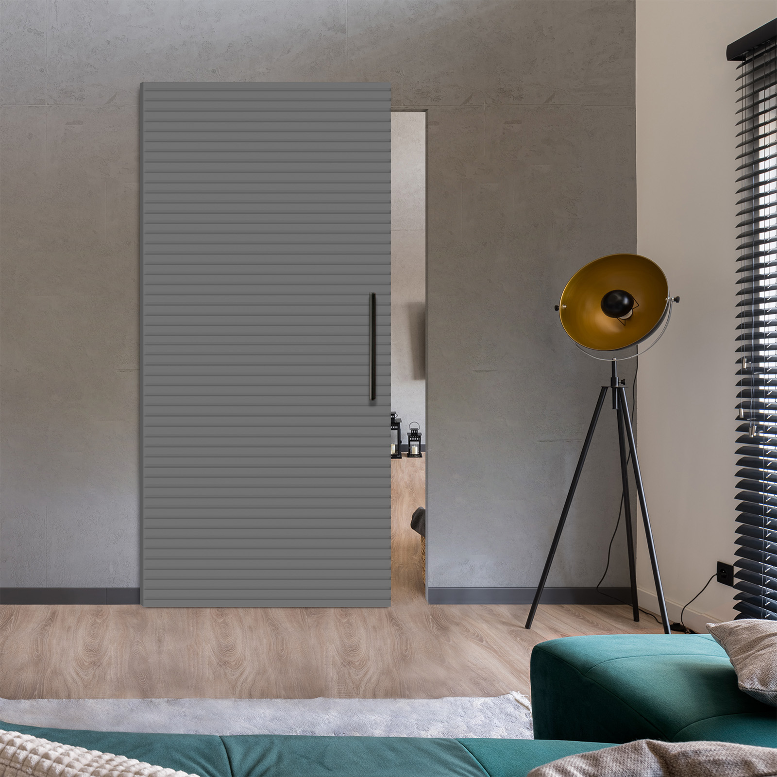 Fluted Wooden Sliding Barn Door Hidden Invisible Hardware (Grey)