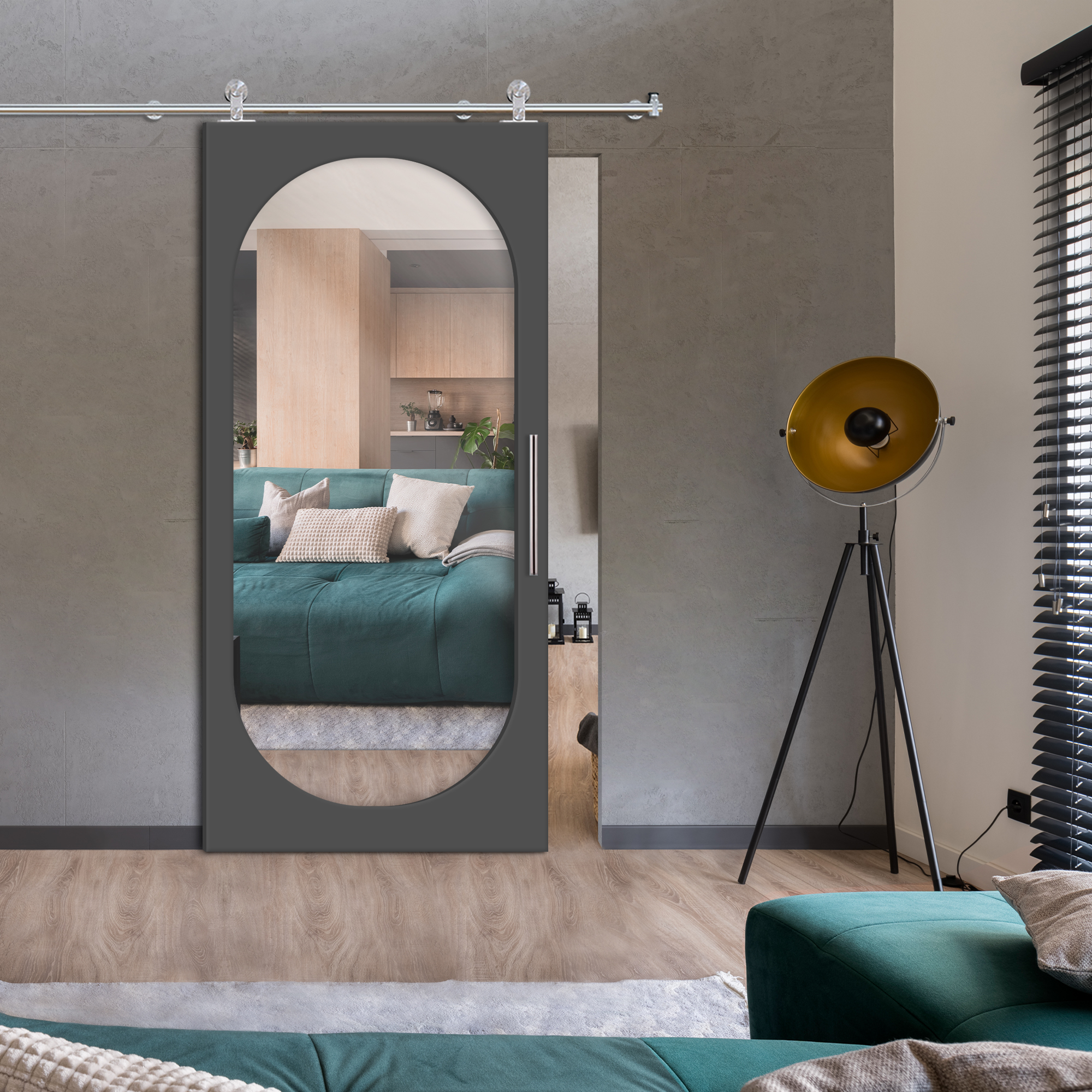 Mirror Sliding Barn Door with  Oval Shape Mirror Insert  (Stainlees steel hardware) WMD-7649