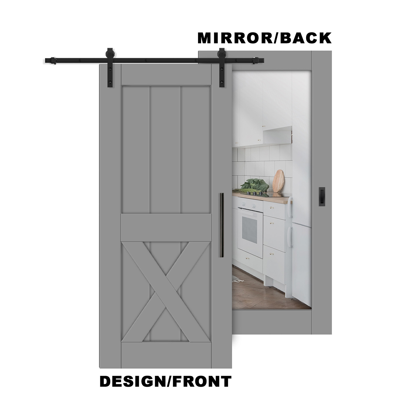 Half X Mirror Barn Door with Panel and Mirror on Back
