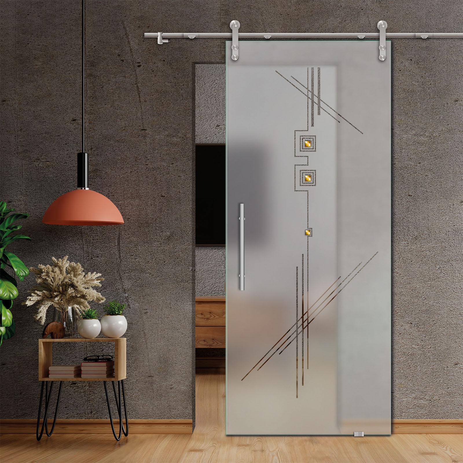 Sliding Glass Barn Door (Semi-private) + Faceted Stones