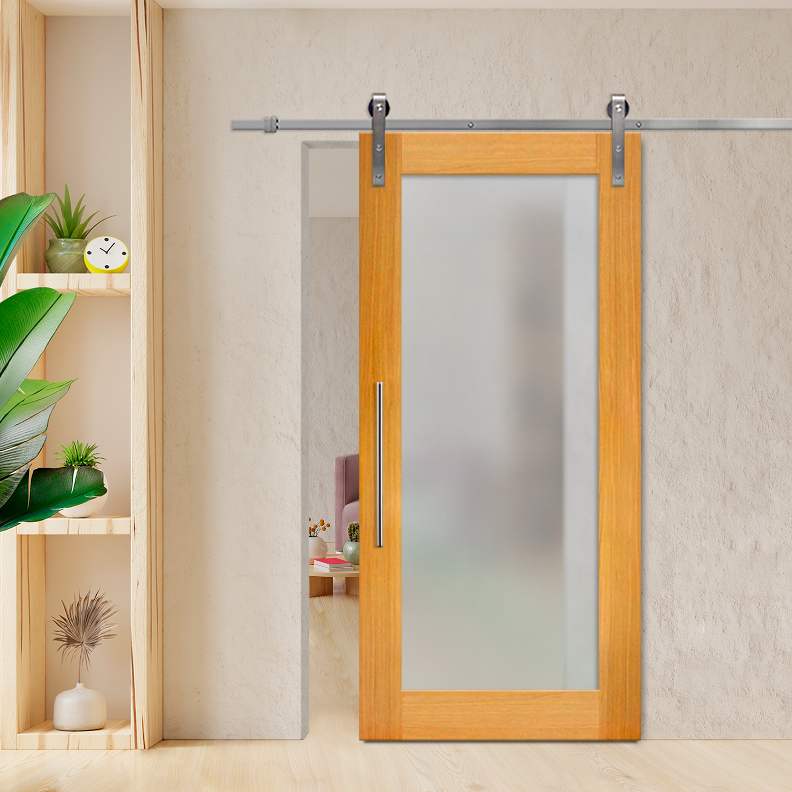 Real Solid Hardwood Sliding Barn Door with Glass Insert