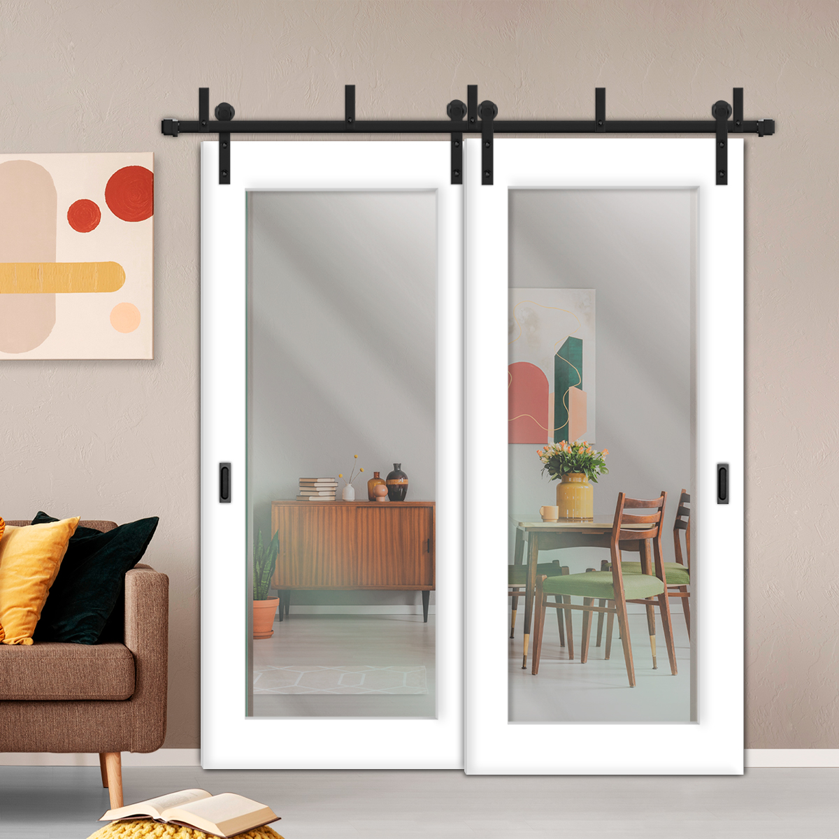2 Leaf Sliding Barn Bypass Doors with Clear Glass
