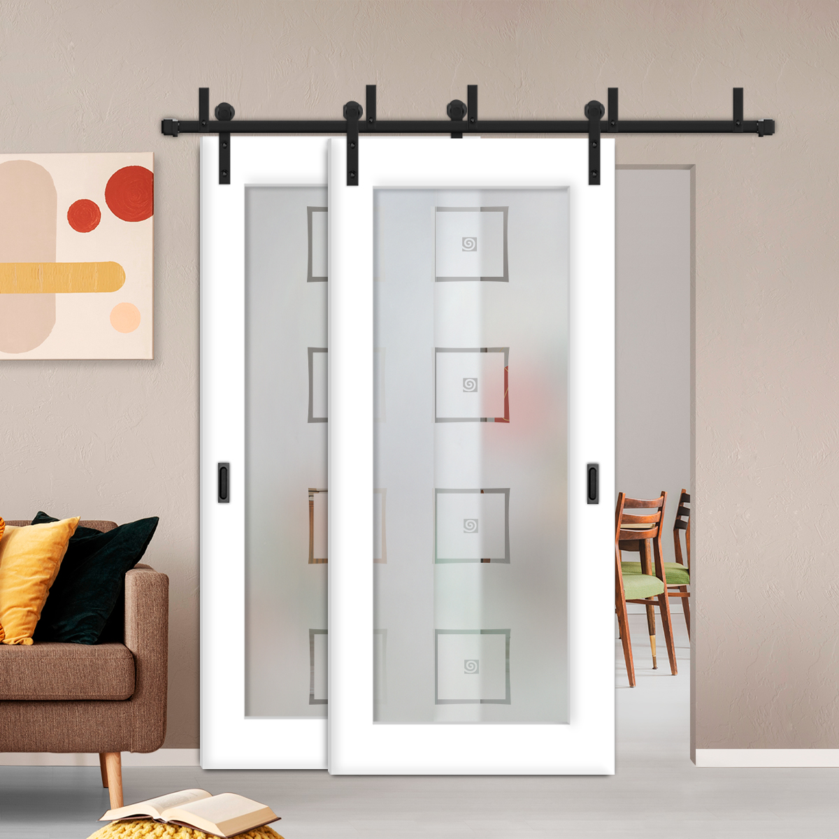 2 Leaf Sliding Barn Bypass Doors with Glass Insert (Semi-private)