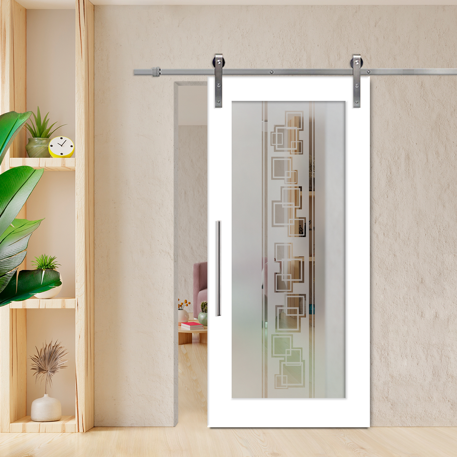 1 Lite Sliding Barn Door with Glass Insert (Stainless Steel Hardware - Semi Private)