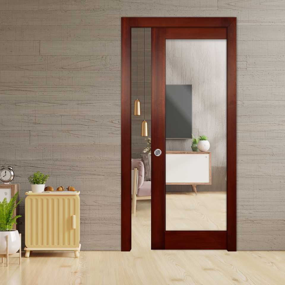 Mahogany Pocket Door with Mirror Insert in one or Both Sides PWGD-8111