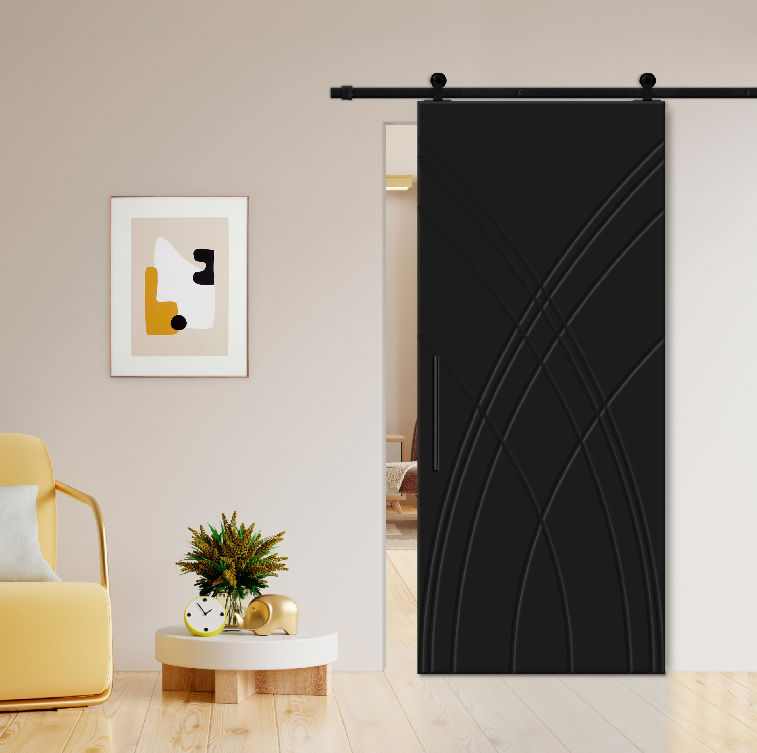 Flush Sliding Barn Door with CNC Engraving CCD-7698 Black (Carbon steel)