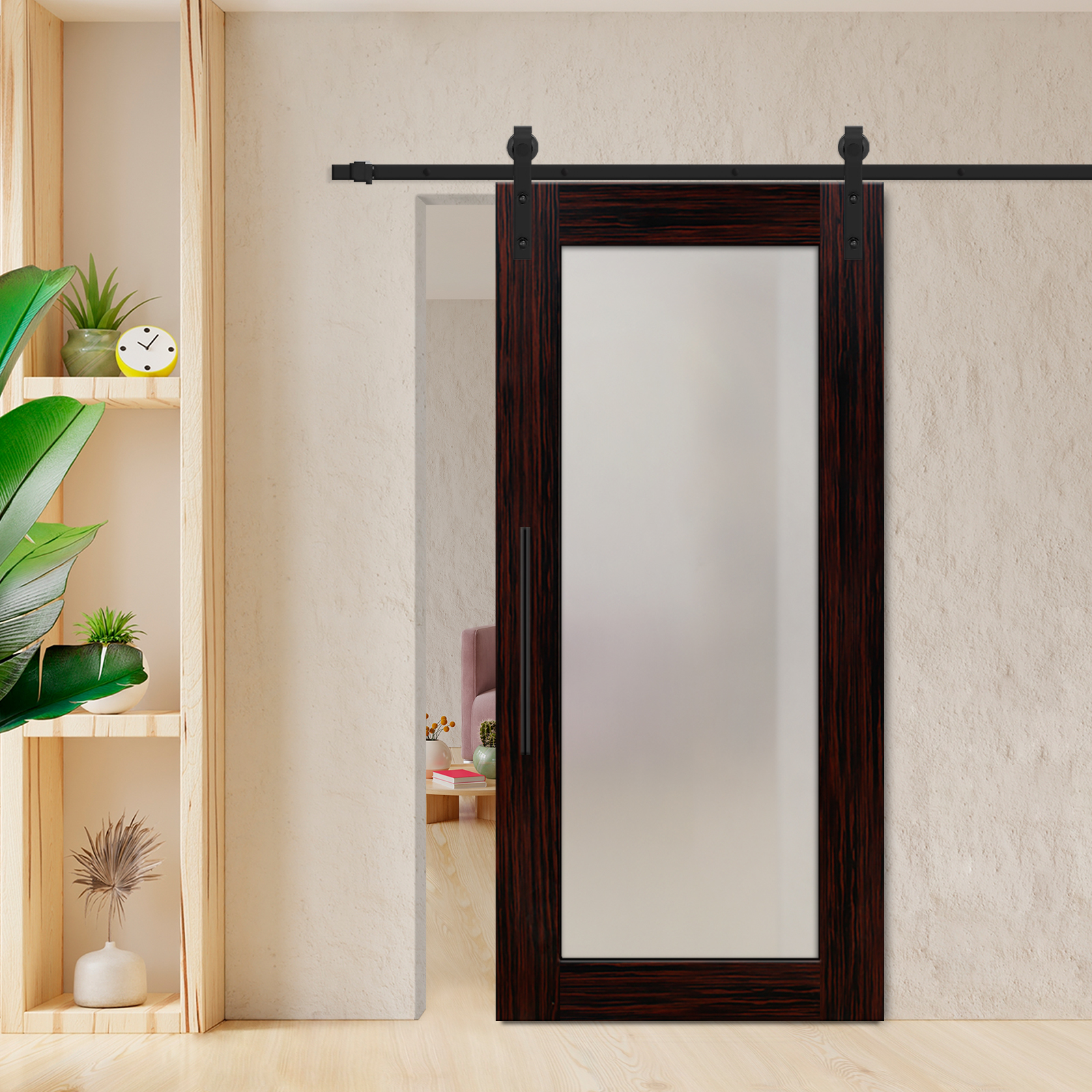 Ebony Veneered Sliding Barn Door with Frosted Glass Insert T-Handle Carbon Steel