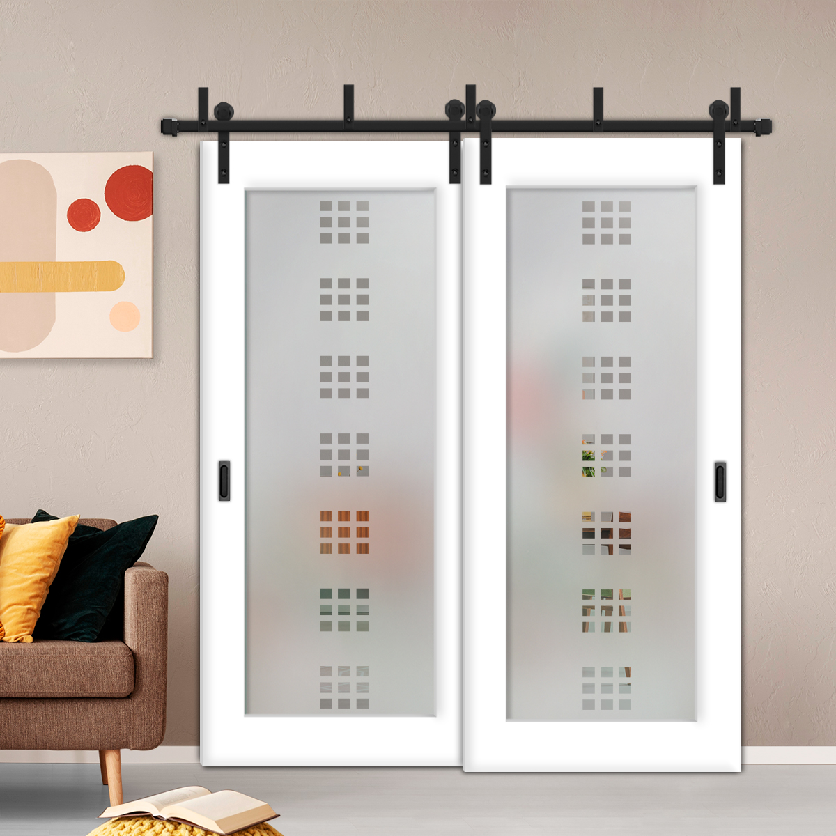 2 Leaf Sliding Barn Bypass Doors with-Glass-Insert BGD-4424