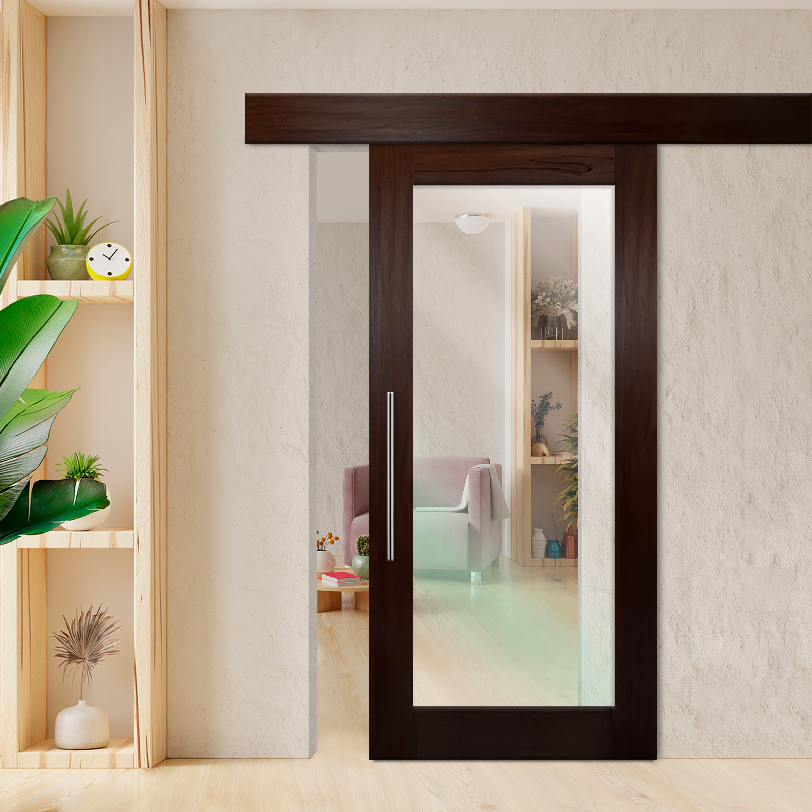 Solid mahogany wood door with glass insert (clear glass) and Hardware Fascia / Cover sliding system