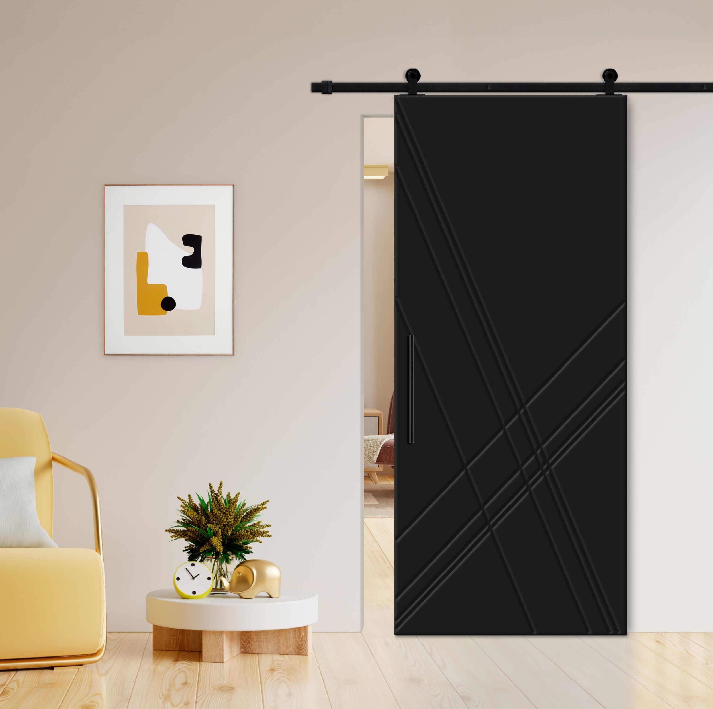 Flush Sliding Barn Door with CNC Engraving CCD-7698 Black (Carbon steel)
