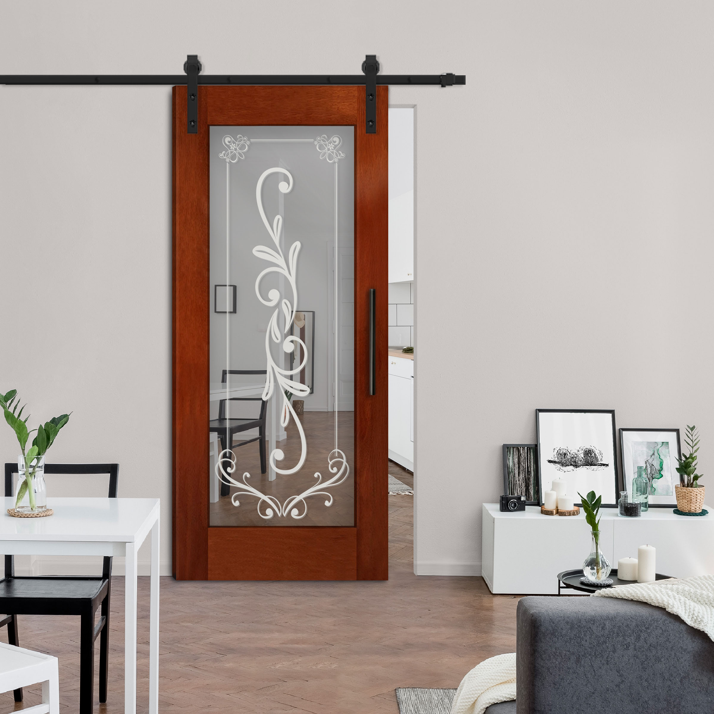 Mirrored Solid Hardwood Sliding Barn Door with Mirror Insert and Victorian Designs
