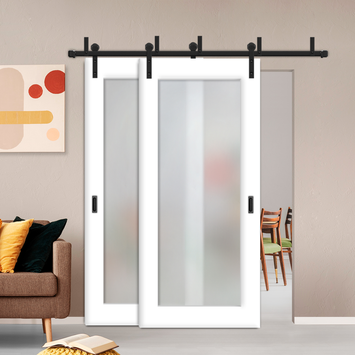 2 Leaf Sliding Barn Bypass Doors with Frosted Glass