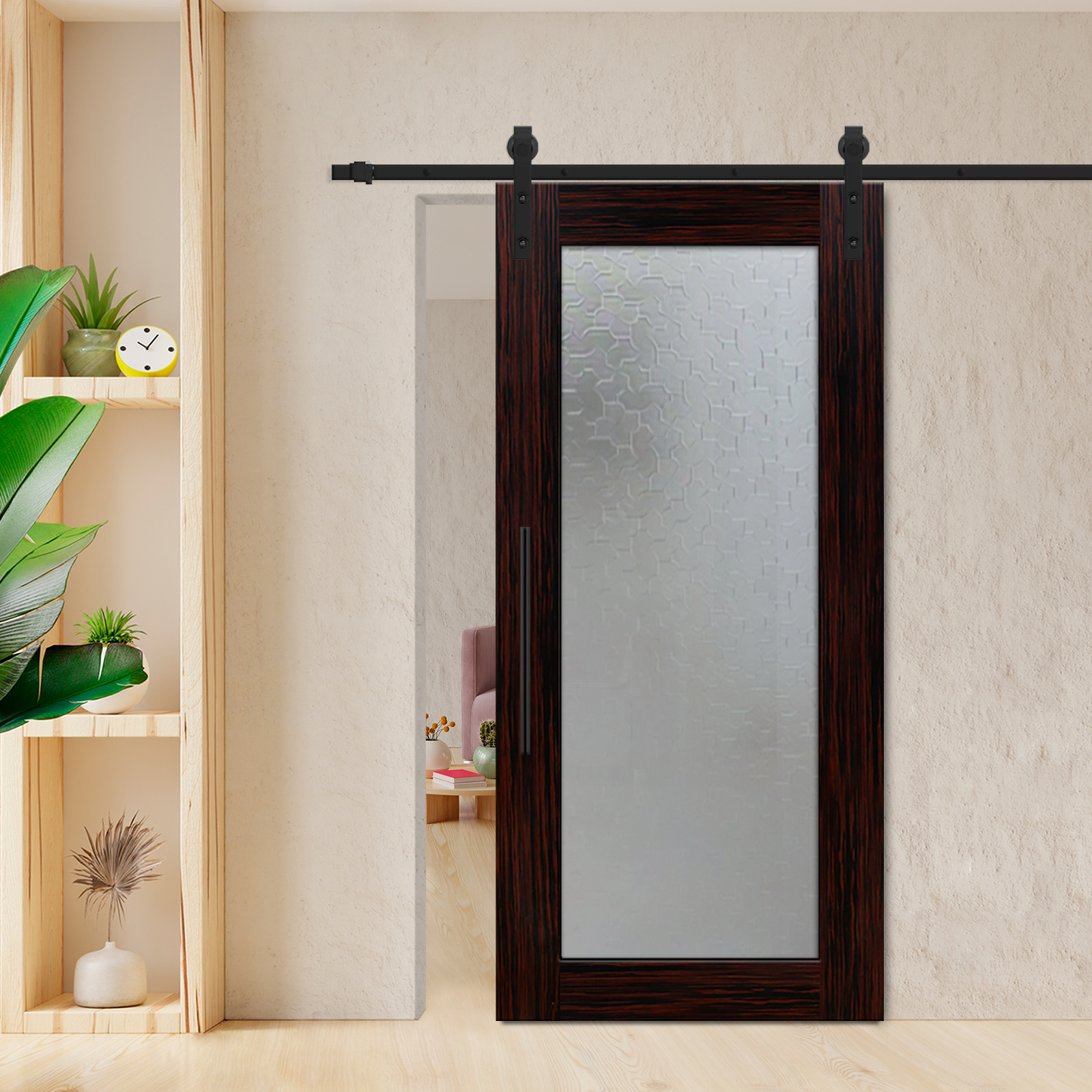 Ebony Veneered Sliding Barn Door with Karatachi Glass Insert T-Handle Carbon Steel
