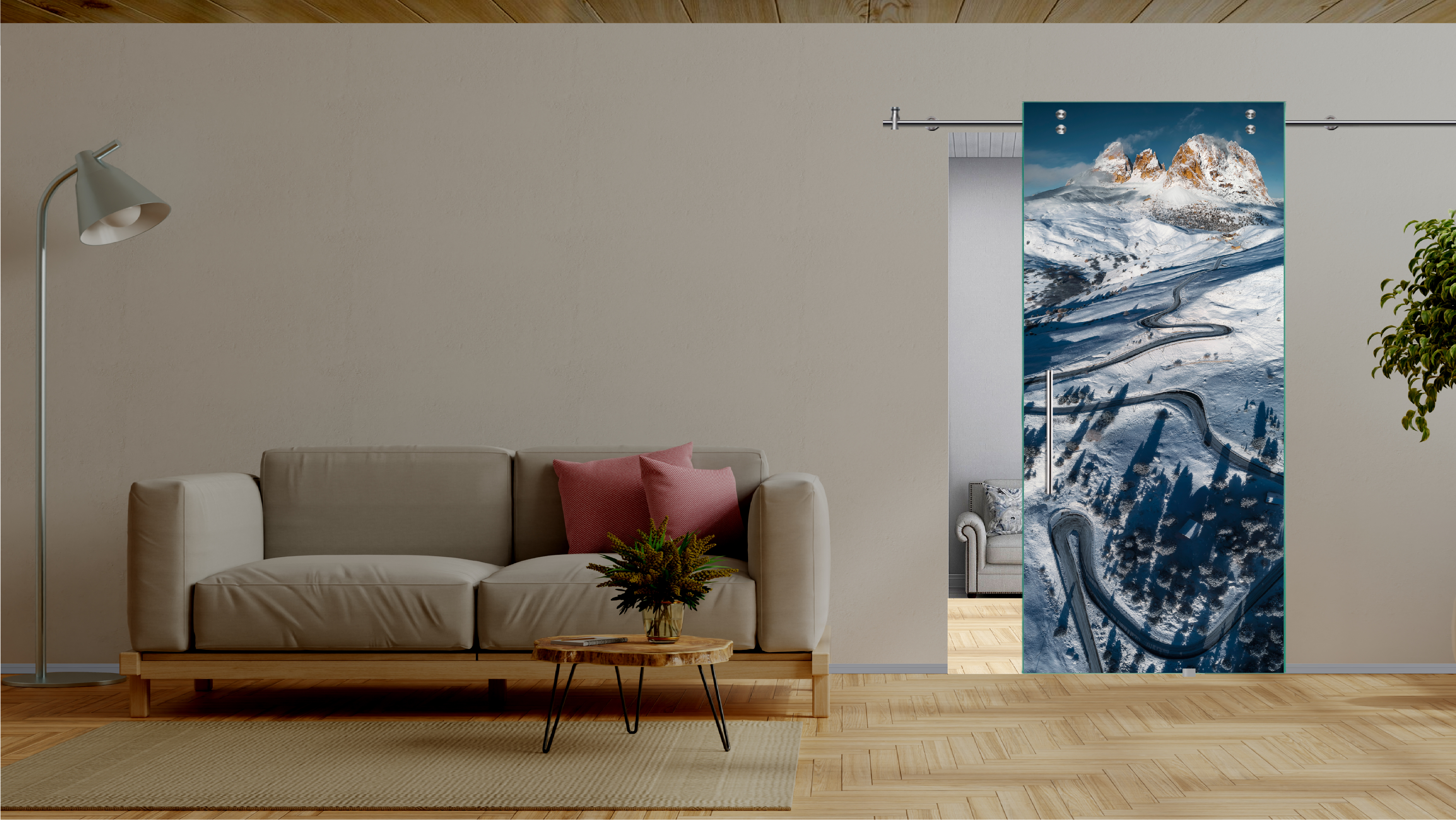 Digital Printing Sliding Barn Glass Door with Stainless Steel Hardware & T-handle (Road in the Italian Alps in Winter)