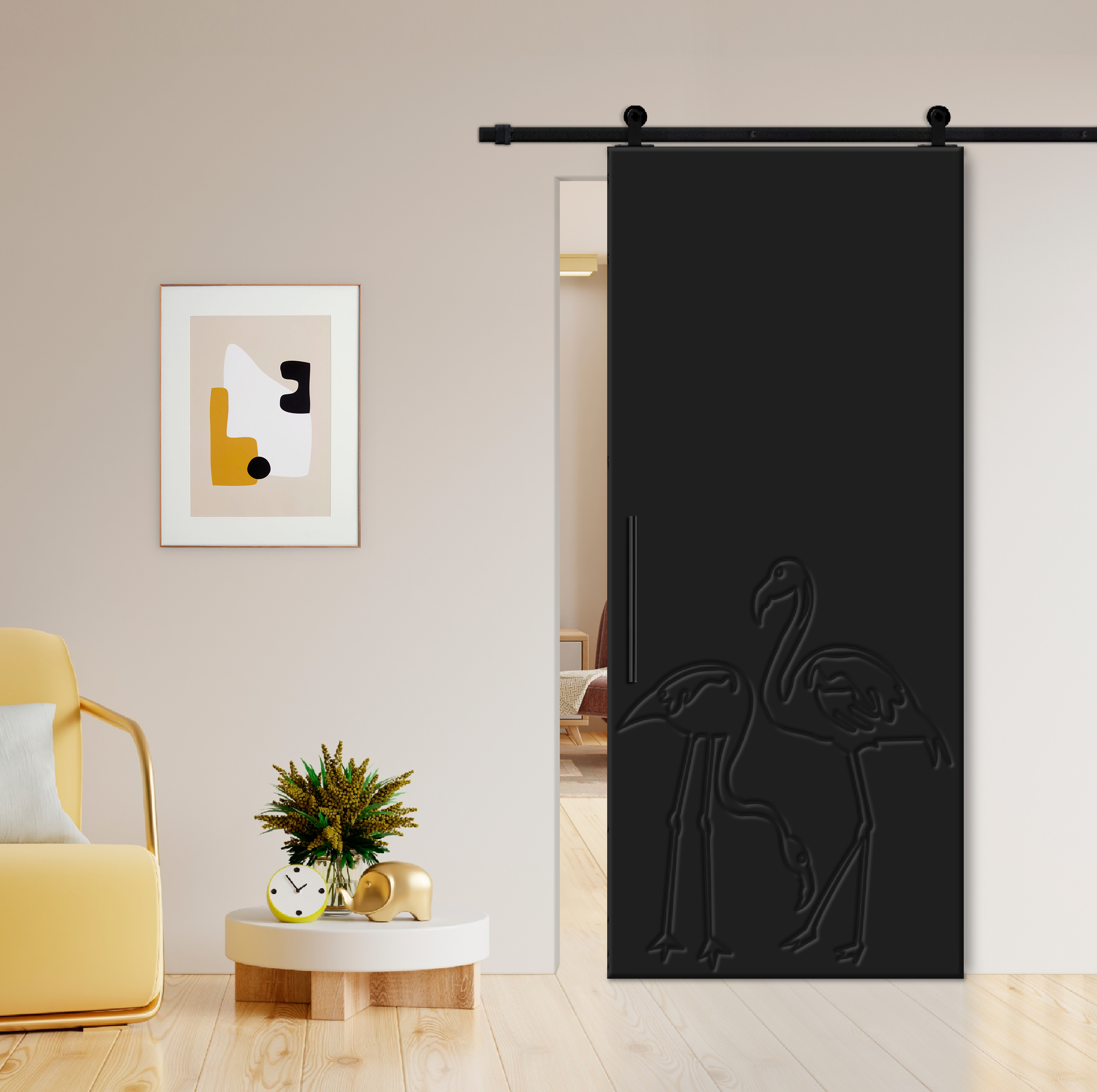 Flush Sliding Barn Door with CNC Engraving CCD-7698 Black (Carbon steel)