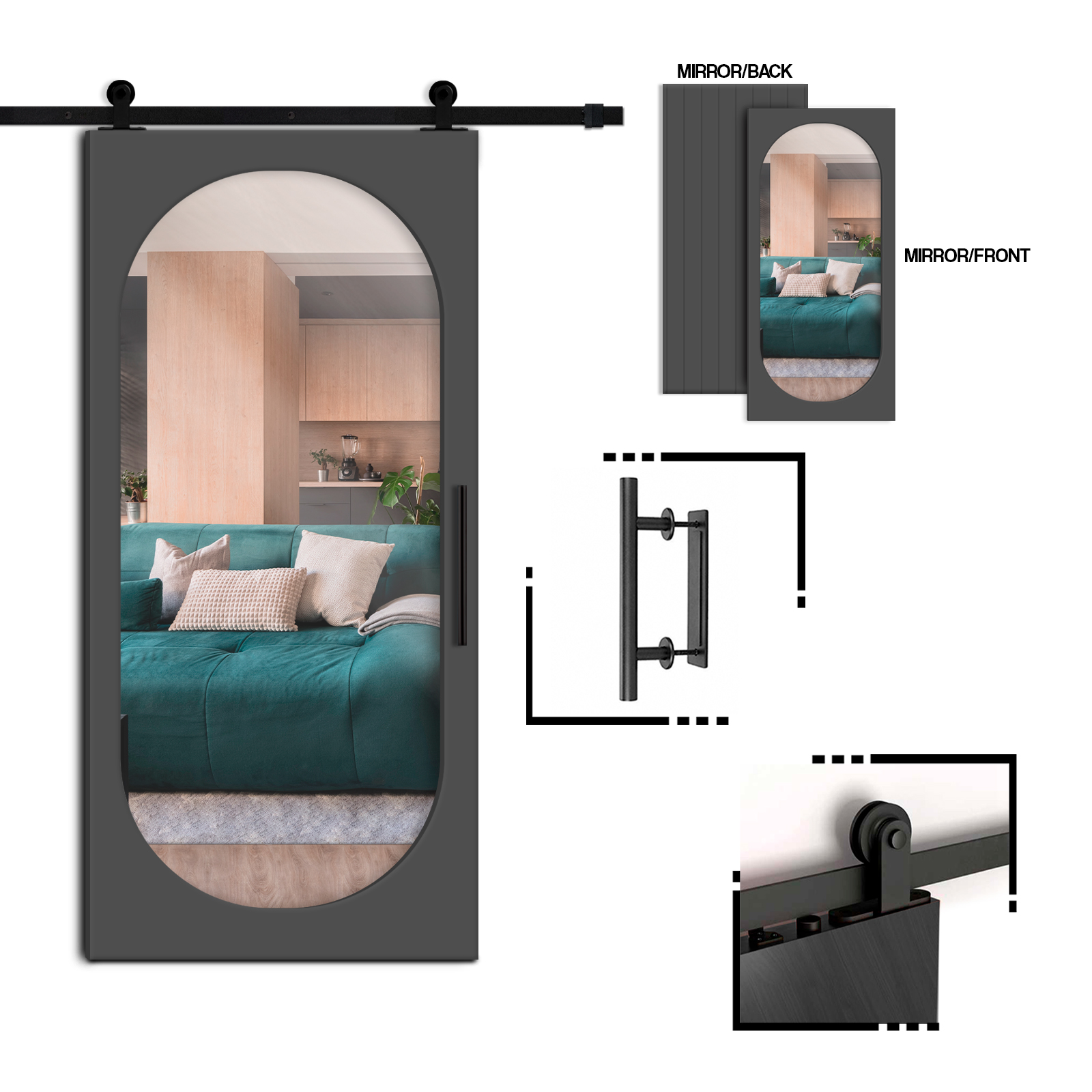 Mirror Sliding Barn Door with  Oval Shape Mirror Insert  (Carbon steel hardware) WMD-7649