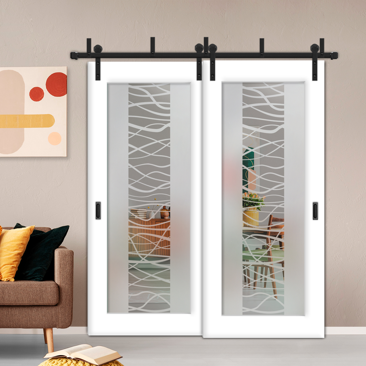 2 Leaf Sliding Barn Bypass Doors with-Glass-Insert BGD-4395