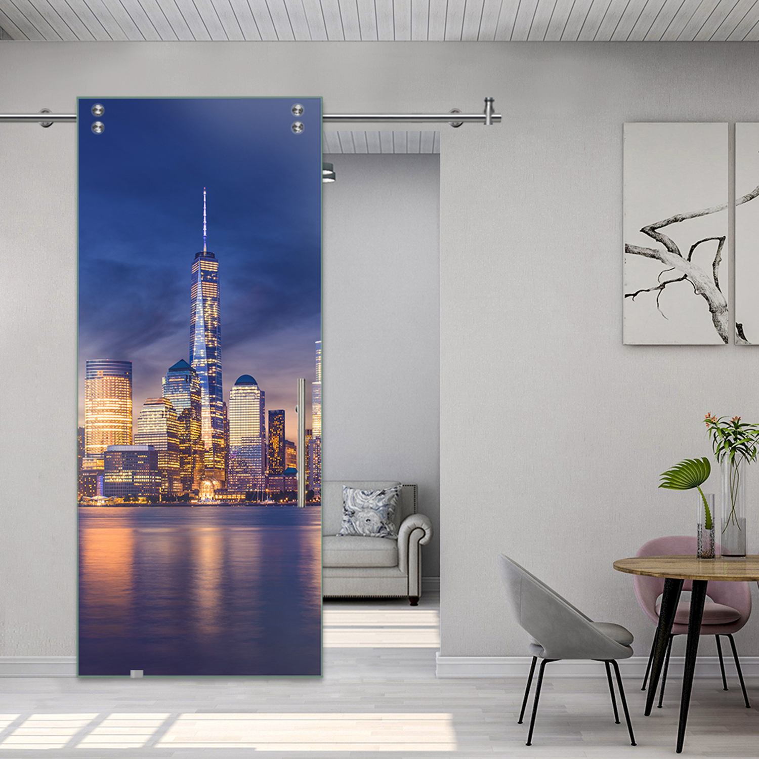 Digital Printing Sliding Barn Glass Door with Stainless Steel Hardware & T-handle (New York Manhattan)